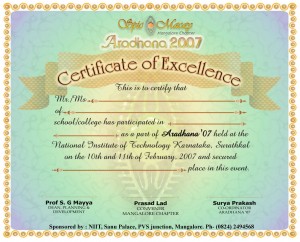 Certificate for the Spic macay event - Aradhana 2007