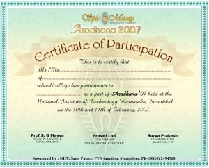 Certificate for the Spic macay event - Aradhana 2007